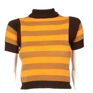 Vintage 70s Brown Orange Striped Turtleneck Short Sleeve Crop Top XS /411